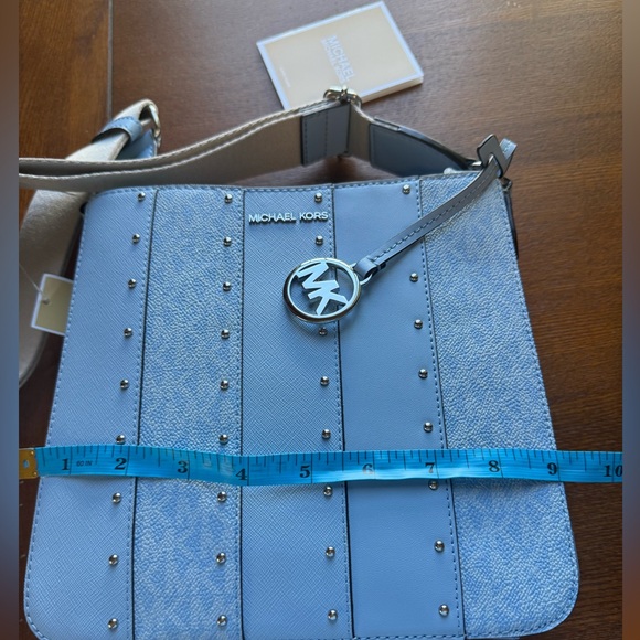MK Jet Set Small Studded Patchwork & Signature Logo Crossbody In Baby Blue - Picture 9 of 13